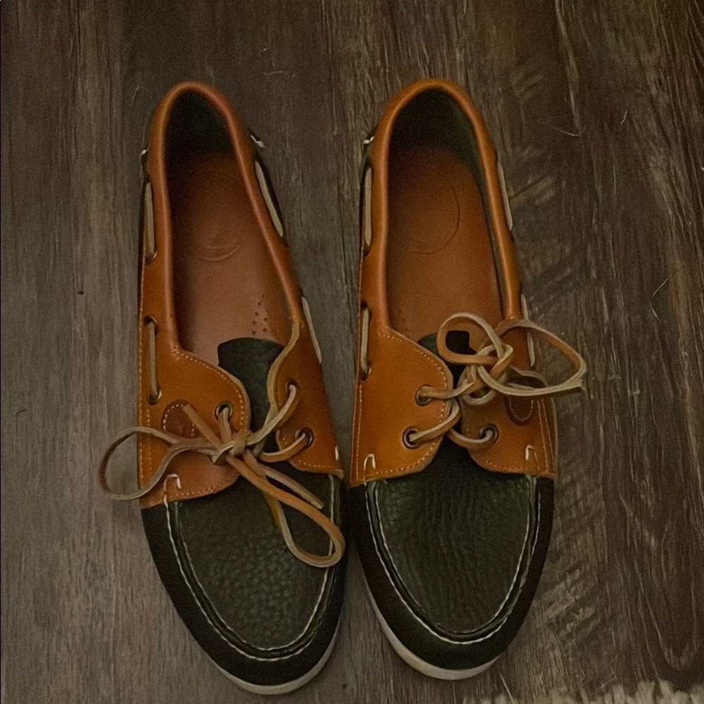 Dooney & Bourke Tan and Dark Green Leather Moccasin Boat Shoes with Laces